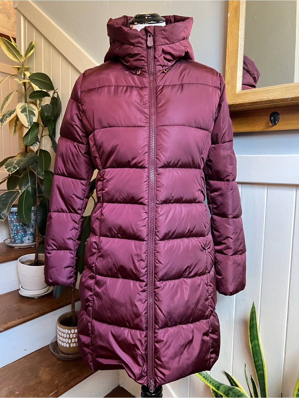 Save The Duck Plumtech Long Hooded Puffer Coat Burgundy Women’s S Worn Once